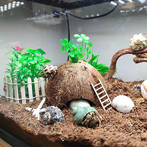 SINKOO Hermit Crab Shells Natural Coconut Shell Hut Artificial Plants 19 PCS Decoration Supplies House Tank