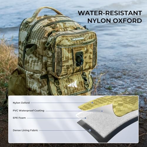 KastKing BaitSpace Fishing Tackle Backpack with Removable Bait Binder,2 Rod Holders Storage Fishing Gear and Equipment - color: D: Khaki Camo(with (4) 3600 Tackle Boxes)