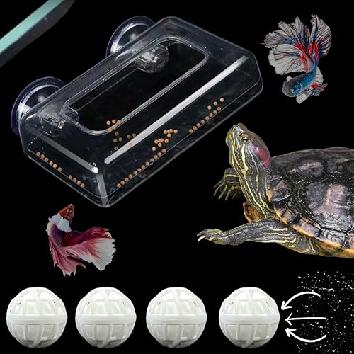 Acrylic Fish Feeding Box Ring for Turtle with Filter Ball Set, Fish Feeder Ring and Nitrifying Ball, Betta Feeding Floating, Turtle Enrichment Toys, Floating Betta Food Holder (Clear, L) - size: Large Box Ring