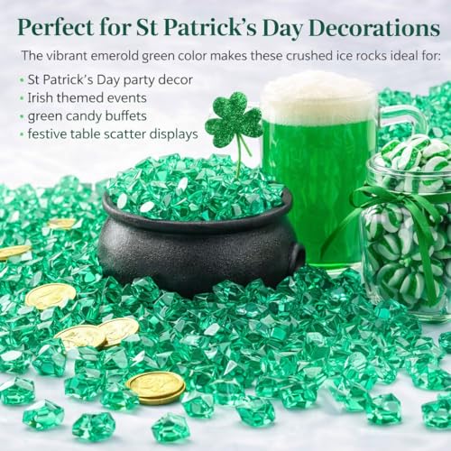 PMLAND Green Fake Ice Rocks – 550 PCS Large Acrylic Crushed Ice Gems, 3 LB Bulk Vase Filler for St Patrick’s Day Decor, Wedding Centerpieces, Aquarium Decorations, Table Scatter, Photography Props - color: Green