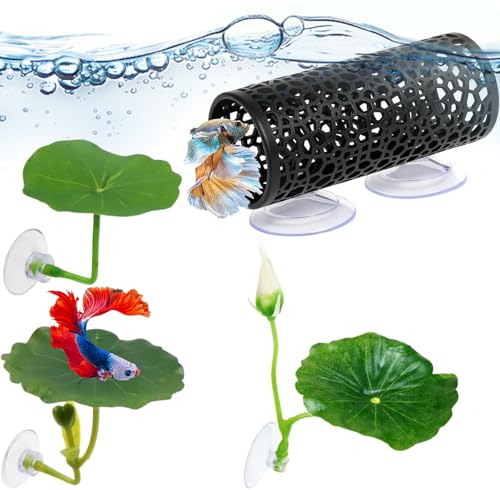 4 Pcs Betta Hammock, Betta Fish Tank Accessories, Betta Fish Hammock with Lotus Decor, Aquarium Decor Set for Betta Fish, Small and Shrimp, Includes Black Tunnel and 3 Lotus Decorations for Play