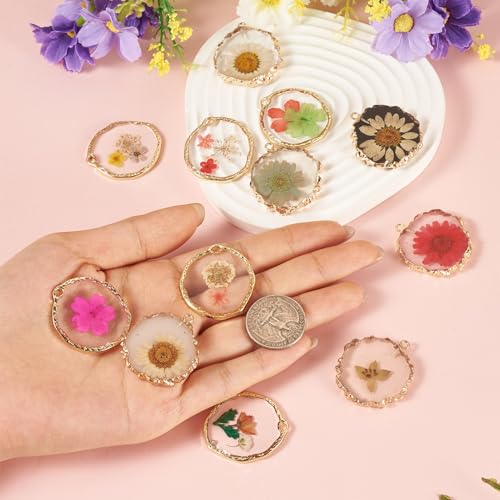 Transparent Flower Resin Charms Round Gold Edge Dried Floral Pendants Flat Round Clear Gold Foil Floral Charms for Necklace Bookmark Keychain Jewelry Making - color: Flower-2