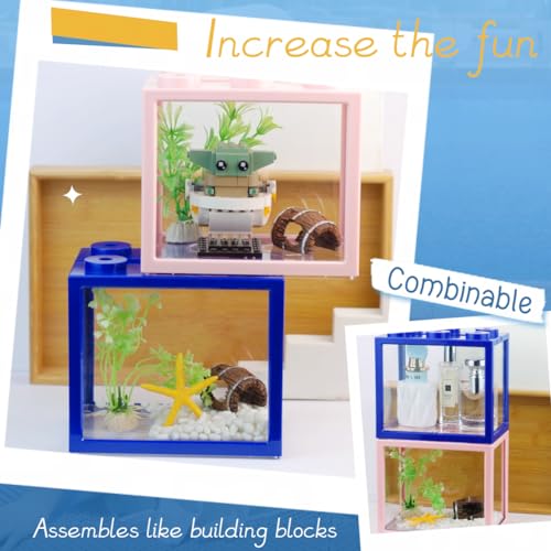 Small Betta Fish Tank, Stackable Mini Fish Tank Tiny Aquarium Tank Kit with Aquarium Gravel & Resin Decorations, 0.6 Gallon Cube Desktop Fishbowl for Snails, Crabs, Starfish (Pink) - color: Pink