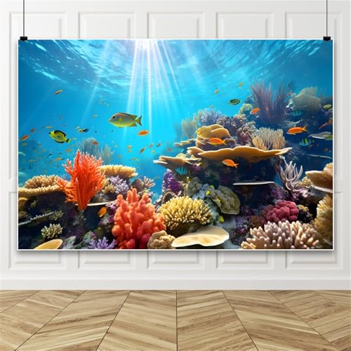 10X8ft Sunlight Underwater Coral Reef Photography Backdrop Colorful Tropical Fish Background for Ocean Themed Aquarium Wall Decorations Kids Birthday Party Portrait Photo Booth Studio Prop - color: Ocean-2