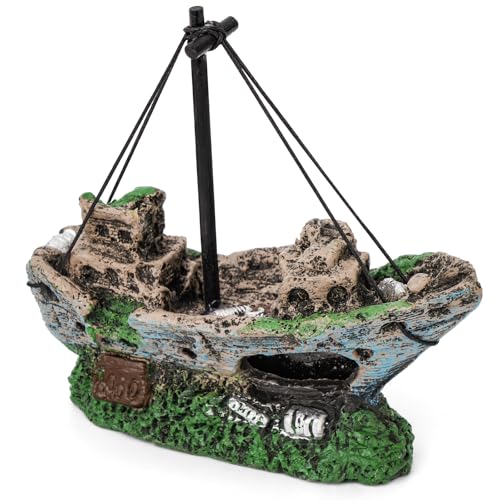Aquarium Shipwreck Decoration Set Resin Fish Tank Ornaments Accessories for Undersea Aquarium Landscape Decor, Wreck Ship Ornament x 1pc, Aquatic Plants x 2 pcs
