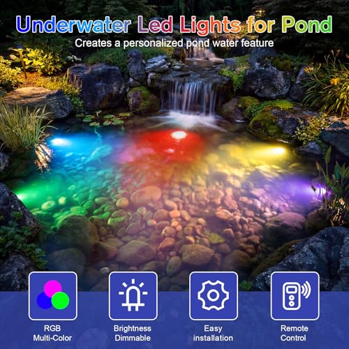 POPOSOAP RGB Underwater Pond Lights, IP68 Waterproof LED Pond Lights with Remote, Timer & Memory Function Fountain Lights for Pond Fountain Waterfall Aquarium Swimming Pool Outdoor Decoration 4-Head - size: 4 RGB Lights-Corded Electric
