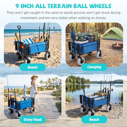 Fishing Cart with Big Wheels for Sand, 9" All-Terrain Wheels, Beach Wagon for Sand, Equipped with a Rod Holder and Side Pockets for All Your Fishing, Camping or Beach Supplies, Blue & White