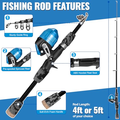 PLUSINNO Kids Fishing Pole with Spincast Reel Telescopic Fishing Rod Combo Full Kits for Boys, Girls, and Adults - color: Black, size: 5FT / 1.5M