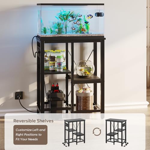 Bestier 10 Gallon Fish Tank Stand with Power Outlet, 20.3x10.6 Metal Aquarium Stand with Filter Storage, 6-Leg Reptile Tank Stand with 3-Tier Adjustable Storage Shelves, 264LBS Capacity，Black Oak - color: Black, size: 5-10 Gallon