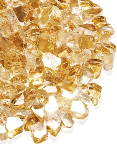 NUPICK 20 Pound Fire Glass for Fire Pit, 1/2 Inch Tempered Reflective Fire Glass for Propane Fire Pit & Gas Fireplace, Gold Rock - color: Gold, size: 20 Pound (1/2")