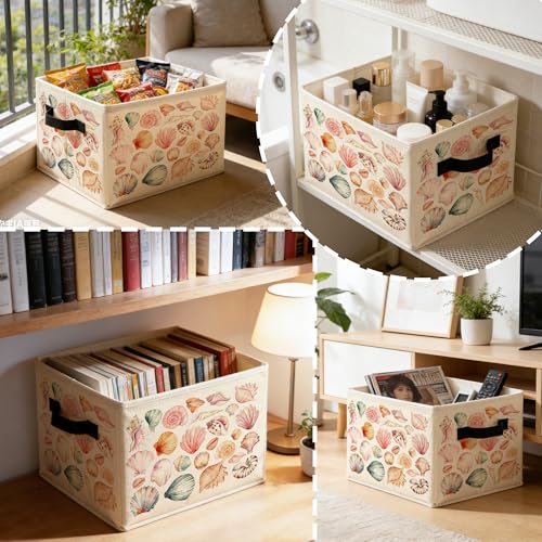 Coastal Beach Colorful Seashell Storage Bins Box with Handles, Preppy Coastal Summer Ocean Conch Foldable Basket Toybox for Girls Room Bedroom Bathroom Home Clothes Toys Books - color: color-5