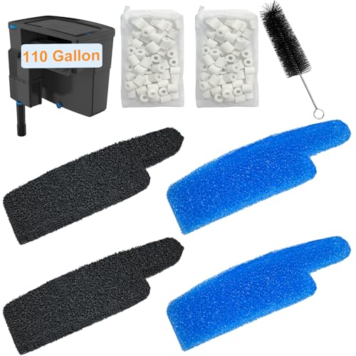 9 PCS Aquarium Media Kit Compatible with Seachem Tidal 110 Gallon (400 Liters) Fish Tank Filter, Including 2 Ceramic Rings, 2 Blue Foam Filters, 2 Carbon Sponge Filters, 1 Brush and 2 Mesh Bags - size: Seachem Tidal 110 Series