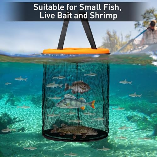 Floating Fish Basket for 5 Gallons Buckets, Foldable Fishing Basket Bait Net for Live Caught, Rubber Coated Mesh Fish Holder for Kayak Fishing Live Well Baitfish Minnow Bucket