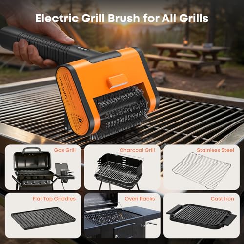 Electric Grill Brush - 1500RPM 3 Speeds, Cordless BBQ Cleaner with LED Light, 4000mAh Rechargeable BBQ Grill Brush for Outdoor Stainless Steel Cast Iron Grates