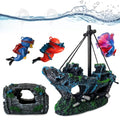 4PCS Fish Tank Decorations Set – Resin Shipwreck & Barrel with 2 Floating Diver Figurines, Aquarium Decor Ornaments for Betta Fish Goldfish Shrimp, Safe Hideouts Decor for Small Tanks