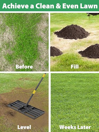 Lawn Leveling Rake Heavy Duty, 30x10 in Large Soil Leveling Rake, Ground Leveler with Anti Flipping Smooth Edge for Dirt Sand Grass Golf, 72" Long Handle, Foldable Garden Landscaping Levelawn Tools