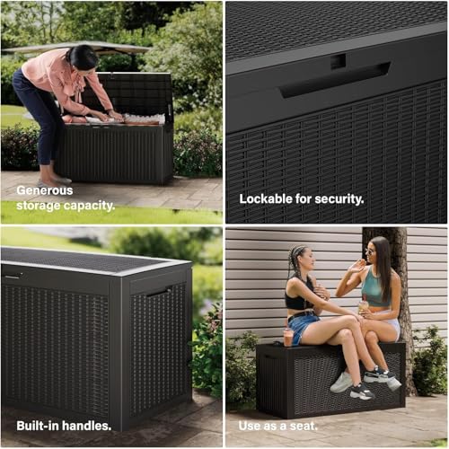 TARKARI 100 Gallon Outdoor Storage Box Waterproof, Resin Deck Boxes with Lockable Lid & UV-Resistant for Patio, Pool Accessories, Garden & Furniture Cushions, Black - color: Black, size: 100 GAL