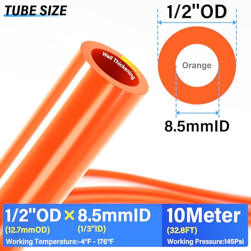 TAILONZ PNEUMATIC Orange 1/2 Inch OD 10 Meter 32.8ft PU Polyurethane Air Tubing Kit Pipe Hose Air Line Tubing Air Hose Fittings Push to Connect Fittings(27PCS) - color: Orange, size: 1/2" OD - 32.8 FT