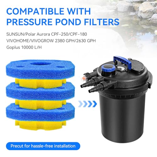 6Pack Sponge Filter Replacement for VIVOHOME Pond Filter 2380 GPH 2630 GPH or VIVOGROW 2380/2630 GPH Bio Pressure Pond Filter Media Pads for Sunsun CPF-250/180 for Outdoor Ponds, Koi Ponds