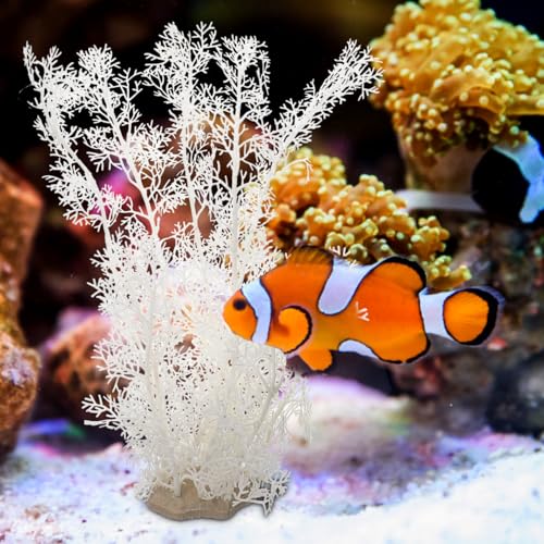 DOITOOL Artificial Fish Tank Plants - 2 PCS Plastic Aquarium Decorations White Fish Tank Accessories Aquarium Decor Plastic Plants - 15.33 inch Tall (White)