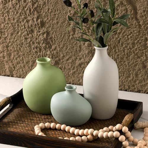Ceramic Vase Set of 3, Small Rustic Farmhouse Pottery Vases for Home Decor, Perfect for Pampas Grass, Ideal for Living Room, Bedroom, Kitchen, Bathroom, Bookshelf, Table Centerpiece. - color: 9099-3
