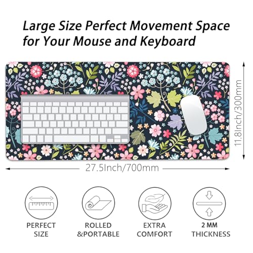 Maple Leaf and Flowers Desk Pad Mouse Pad,Large Floral Mouse Mat with Stitched Edges,Non-Slip Rubber Base Elegant Mousepad for Office PC Keyboard Laptop and Home Work Desk Mat(27.5X11.8 in) - color: Plants and Flowers
