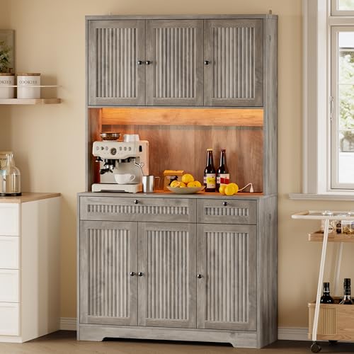 BORNOON Pantry Cabinet with Charging Station and Light, Tall Kitchen Pantry Storage Cabinet with Microwave Stand, Wide Fluted Kitchen Hutch with Storage Drawers and Adjustable Shelves for Dining Room - color: Wood, size: 6-Door