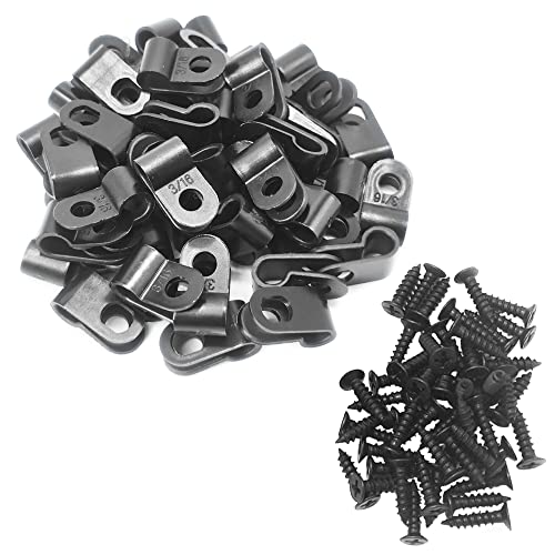 Cable Clamp R-Type Cable Clip Wire Clamp 3/16" Nylon Screw Mounting Cord Fastener Clips with Screws for Wire Management - Black - 50 Pcs - size: 3/16" Black