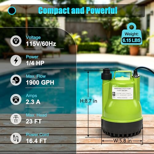 FLUENTPOWER 1/4HP Utility Pump 1900GPH Portable Submersible Sump Pump, Manual Control with 16.4 Ft Cord for Draining Water from Pool Pond Garden Hot Tub Basement Tankless Heater Liquids - style: 1/4HP 1900GPH