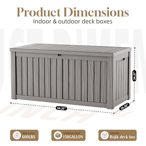 ROJIK 150 Gallon Outdoor Storage Box Waterproof,Weatherproof Deck Boxes Outdoor Lockable,Resin Outside Storage Box for Garden Tools,Cushions,Pool Accessories(Grey,150 Gal) - color: Grey, size: 150 Gallon