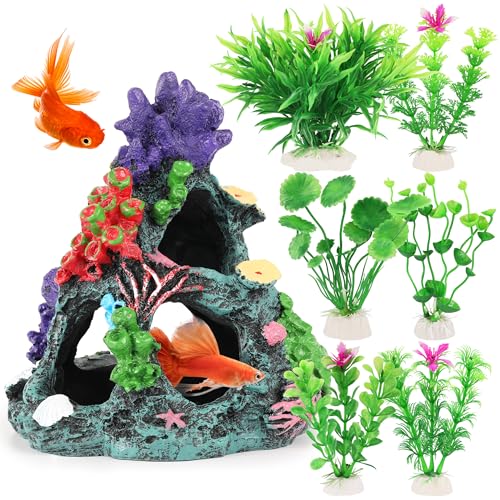 MyLifeUNIT Fish Tank Decorations, 7 Pieces Aquarium Plants Set with Coral Reef Decoration Mountain Cave Ornament for Betta, Goldfish, Shrimp to Breed, Play and Rest (Green) - color: Green