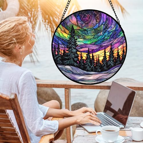 DASTOLL Stained Glass Window Hanging, Van Gogh Night Scene Sun Catchers Colorful Glass Panel Starry Sky Suncatcher Decor for Birthday for Women, Men, Wife, Aunt, and Mom 14.9x14.9 in - color: Blue, size: 14.9x14.9 IN