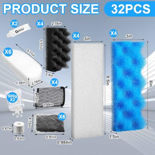 Threlaco 32 Pcs Aquarium Media Kit Compatible with Fluval 206/207 Canister Filter, Including Foam Pad, Water Polishing Pad, Activated Carbon, Ceramic Rings, Mesh Bags, Silicone Lube - style: 206/207
