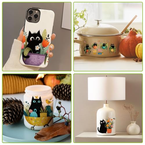 arricraft 10 Sheets UV DTF Cup Wrap for 16OZ Glass, Black Cat and Potted Plant Rub on Decals PVC Transfer Stickers for DIY Cups Wood Funiture 24x11cm/9.4x4.3inch - style: Black Cat and Potted Plant Theme