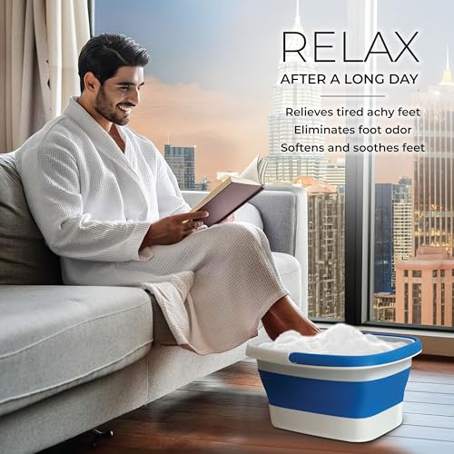 Mantello Collapsible Foot Bath Foot Soaking Tub | Portable Foot Spa Pedicure Bowl | Large Basin to Soak & Wash Feet | Folding Bucket with Carry Handle | White & Grey, Blue, Green [Blue] - color: Collapsible Tub Blue