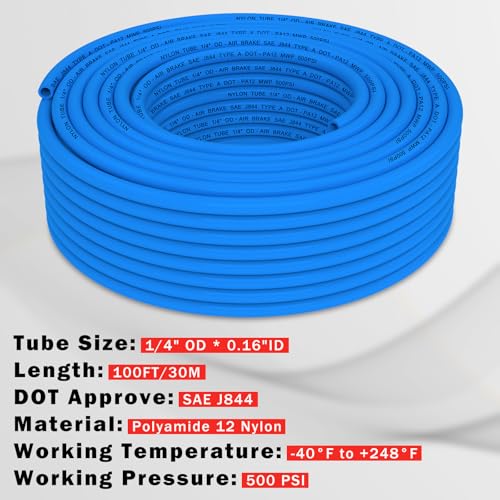 CheeMuii 100 FT 1/4" DOT Air Line Blue 1/4 PA12 Nylon Pneumatic Tubing 30.5 Meter 1/4 Inch OD Pneumatic Air Tubing Pipe Hose Line for Semi Truck Trailer or Industrial Air System - color: Blue, size: 1/4"OD-100FT