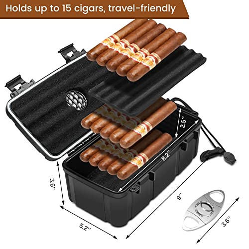 Flauno Travel Cigar Humidor - Portable Cigar Case with Cigar Cutter & Humidifier, Holds up to 15 Cigars, Waterproof, Crushproof, Airtight Seal, Durable - size: Holds up to 15 Cigars