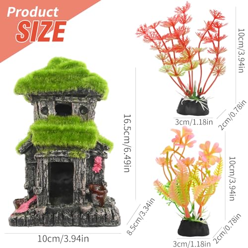 Hoypeyfiy Aquarium Decor Fish House with Simulated Moss, Double Layer Fish Hideout Ornament for Tropical Fish Tanks, Realistic Aquarium Cave Decoration Includes 2 Artificial Plants