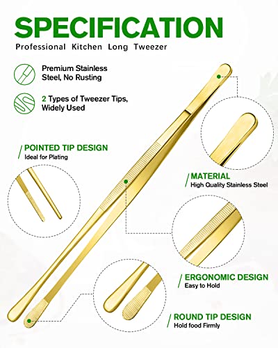 4 Pcs Fine Long Tweezer Tongs Professional Gold, 12'' and 10'' Stainless Steel for Kitchen, Food, Cooking, Repairing, Sea food and BBQ - color: Gold
