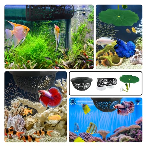 3-Piece Set Fish Tank Decor, Large Black and Small Black Decorations with Lotus, Betta Fish Toys for Aquarium, Beta Hammock for Fish Tank
