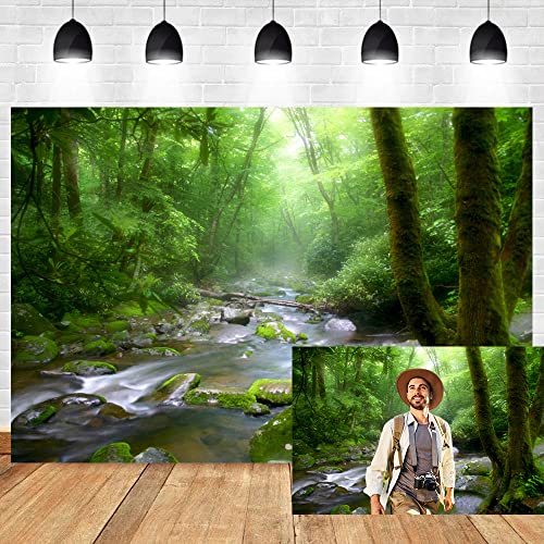 5x4ft Peaceful Forest Photography Backdrop for Outdoor Rustic Travel Theme Banner Decoration Stones Stream Trees Rainforest Jungle Plant Background Polyester Fabric Adults Portrait Photo - size: 5x4ft-P