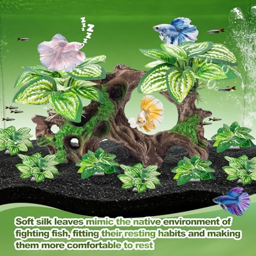 8 Pcs Fish Tank Decor，Silk Aquarium Plants Green Silk Leaf pad Hammock Artifical Driftwood cave Betta Fish Tank Accessories 7 x 2.8 x 4 inches(LxWxH)