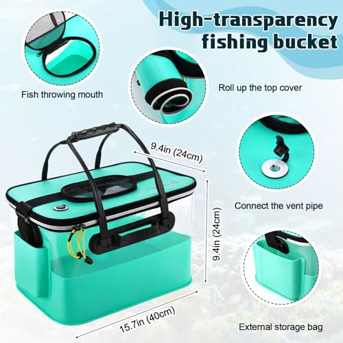 3 Pcs Fishing Bucket, Live Bait Aerator and Fishing Cast Net with Heavy Duty Sinker Foldable Live Bait Bucket Portable Quiet Aerator Fish Transport Container Outdoor EVA Bag - color: Blue