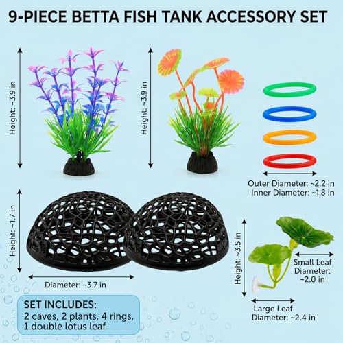 9 Pcs Betta Toys and Betta Enrichment Toys, Aquarium Shrimp Hides and Shrimp Hide Accessories Behavioral Stimulation, Complete Set with Hiding Caves and Training Rings