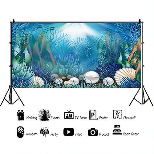 AOFOTO 15x8ft Fairytale Undersea Pearl Shell Backdrop Deep Sea Plants Coral Pearl Mussels Underwater Mermaid's Shelter Background for Photography Happy Birthday Party Banner Baby Shower Photo Booth - size: 15x8ft