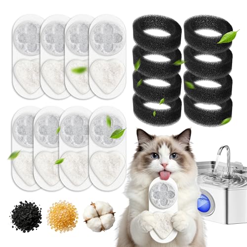 Upgrade Cat Water Filter Replacement Compatible with APAUK 108oz/3.2L Cat Fountain, Individually Packaged,Triple Filtration Carbon Filters for Pet Fountain, Includes 8 Filters and 8 Sponges