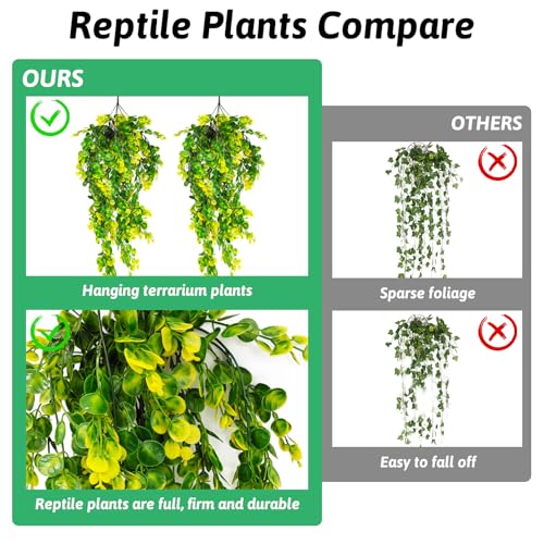 Hamiledyi Reptile Plants Hanging Terrarium Plants Artificial Leaves Habitat Decorations with Suction Cup Green and Yellow Fake Amphibian Plants for Bearded Dragon Lizard Geckos Chameleon（2 Pack）