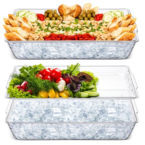 Baderke 2 Set 16" x 9" Plastic Chilled Serving Tray for Parties with Compartments Ice Chilled Party Platter Charcuterie Serving Board Cold Dish Dip for Fruit Seafood Vegetable Appetizer (Clear) - color: Clear