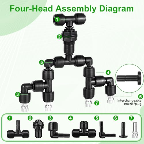15 Pack 1/4" Four-Head Reptile Mister System Reptile Mister Nozzle Kit,360 Degree Adjustable 1/4 Misting Nozzle Parts Quick Connect Fittings for Aquarium,Vivarium,Plants, Amphibians - size: Four-Head