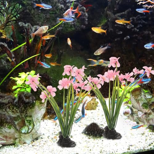 Didiseaon 2 Pcs Fish Tank Plants, Artificial Aquarium Flower Decor, Plastic Desktop Fake Plant Accessories for Betta Turtle Enclosure